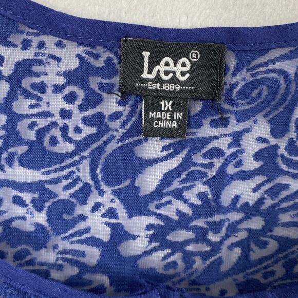 Lee Top Womens Plus Size 1X Blue Sheer Asymmetrical Hem Boho Summer Blouse - Picture 3 of 6